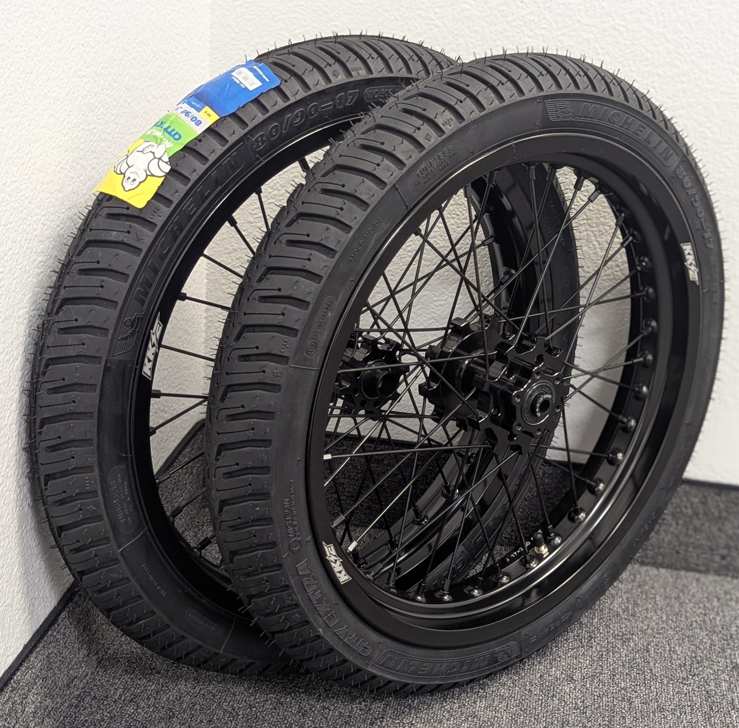 EMX 17" Supermoto Wheelset, 2.15/2.50, Black on Black, Michelin Tires and Tubs Installed