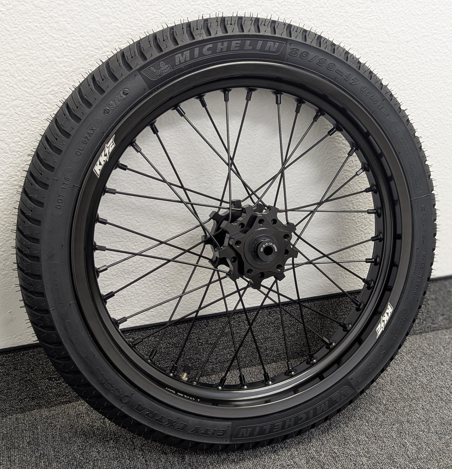 EMX 17" Supermoto Wheelset, 2.15/2.50, Black on Black, Michelin Tires and Tubs Installed