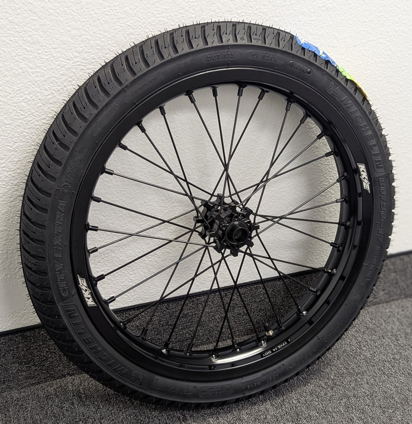 EMX 17" Supermoto Wheelset, 2.15/2.50, Black on Black, Michelin Tires and Tubs Installed