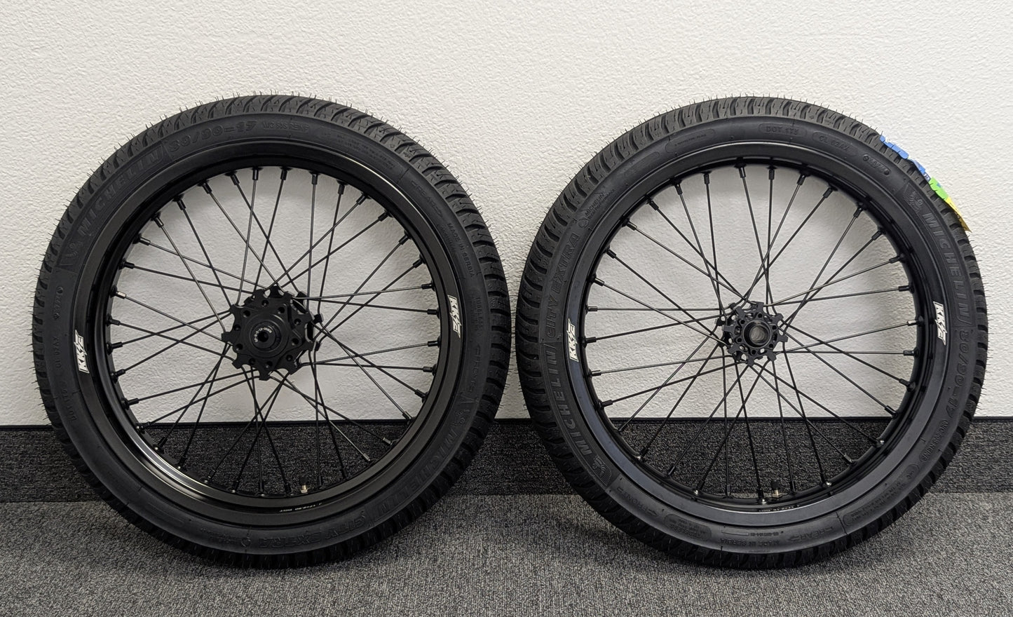 EMX 17" Supermoto Wheelset, 2.15/2.50, Black on Black, Michelin Tires and Tubs Installed