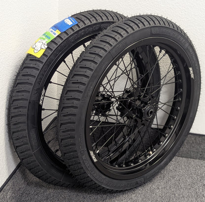 EMX 17" Supermoto Wheelset, 2.15/2.50, Black on Black, Michelin Tires and Tubs Installed